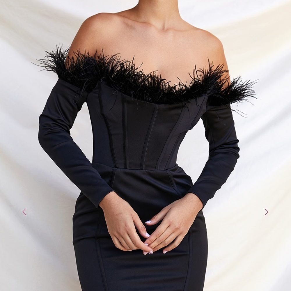 House of CB ADRIANA Black Strapless Feather Corset Dress Sz XS - Picture 6 of 14